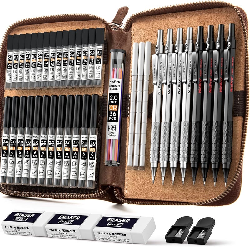 Nicpro 45PCS Black & Silver Metal Mechanical Pencil Set in Leather Case, Art Drafting Pencil 0.5, 0.7, 0.9 mm, 2mm Lead Holders for Sketching Drawing With 27 Tube (6B 4B 2B HB 2H 4H Colors)Lead Refill - Image 1